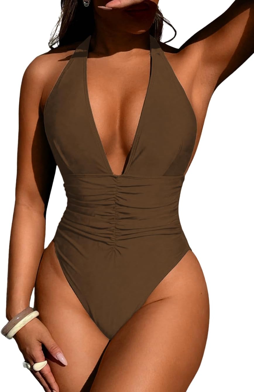 Women Sexy Halter Deep V One Piece Swimsuit,Backless Ruched Tummy Control High Cut Cheeky Bathing Suit Beach Vacation