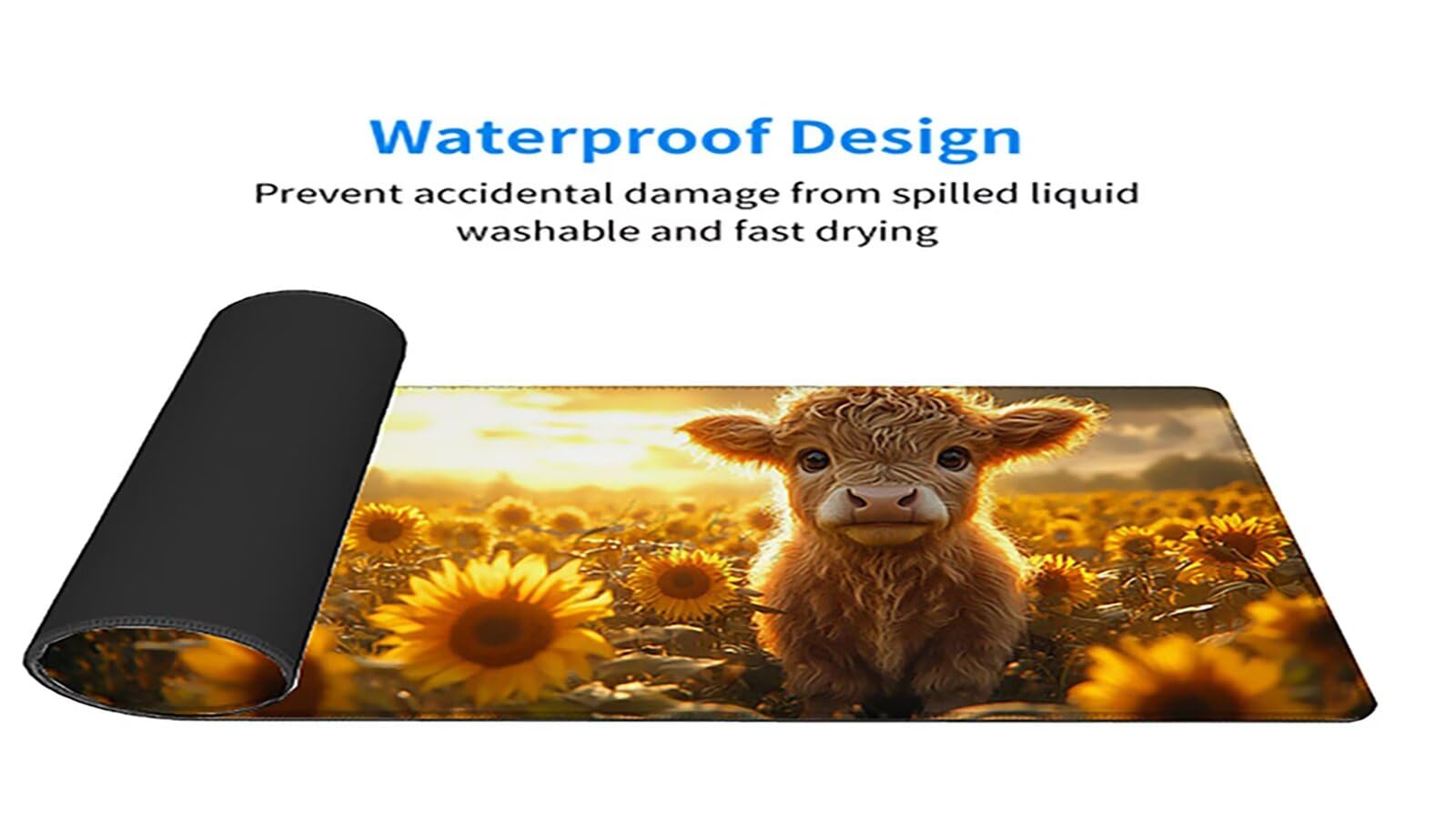Tapis de Souris bovins des Highlands Desk Mat Bords Cousus Design Durable et Lmperméable sous Main Bureau avec Base en Caoutchouc Antidérapante pour Bureau Tapis Souris 1200X600X3MM, Tournesol -309