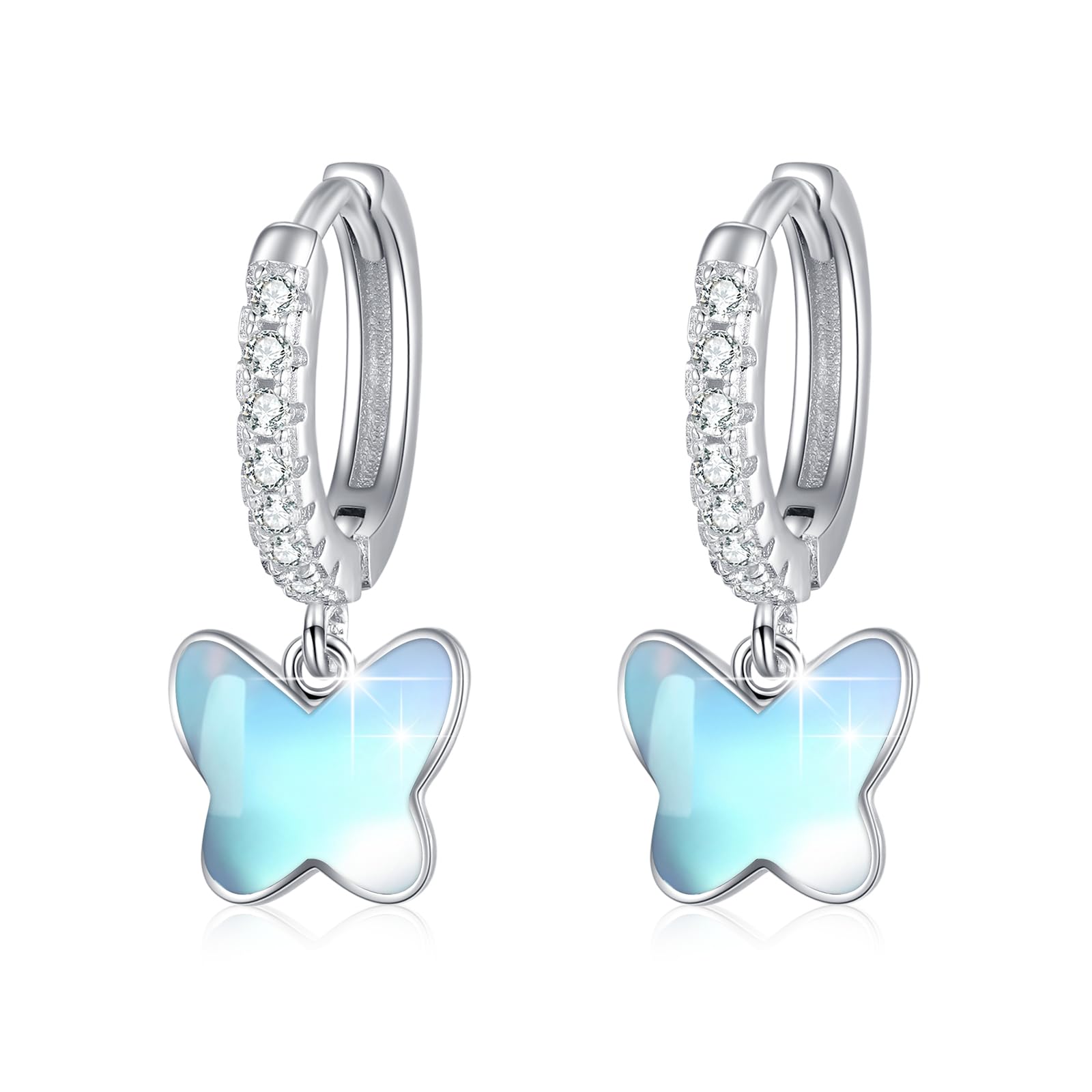 REDSUN S925 - Orecchini a cerchio in argento Sterling con farfalla, per bambine e bambini, colore: blu/rosa/viola/cristallo di opale, con zirconi e farfalla, per donne e bambini, 13 mm, Argento