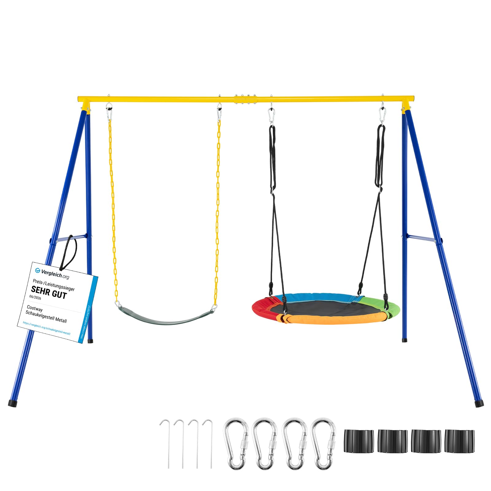 COSTWAY Outdoor Steel Garden Swing Set, Children's Outdoor Swings, up to 300 kg, Adjustable Ropes, 249 x 185 x 181.5 cm (Set)