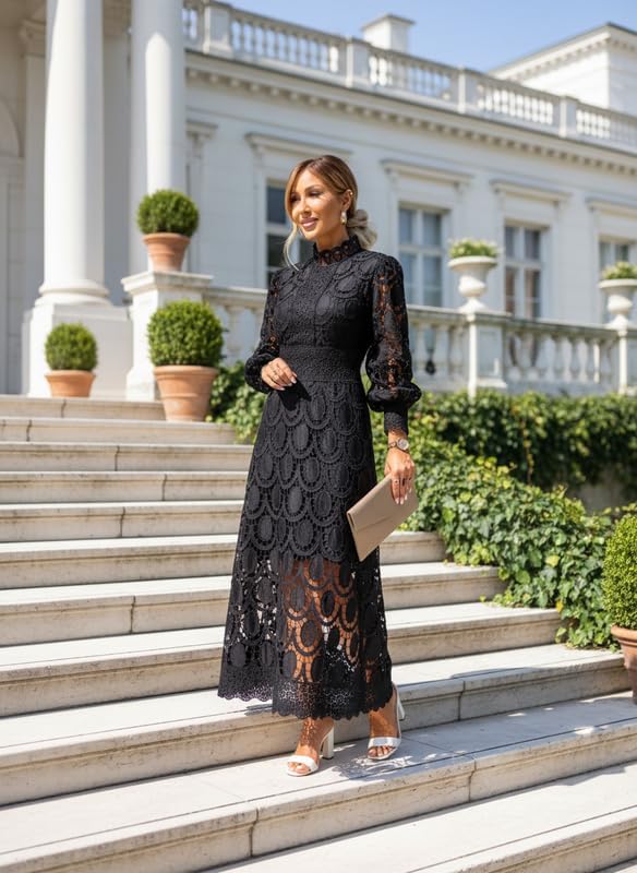 Pink Lace Dresses for Women Elegant Boho Floral Embroidery Long Sleeve Wedding Guest Bridal Party Cocktail Maxi Dress