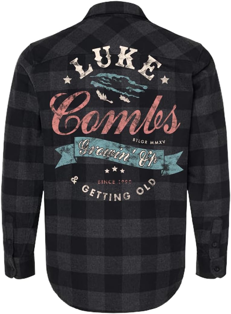 Luke Combs Getting Old Spellout Flannel Shirt, Black Plaid