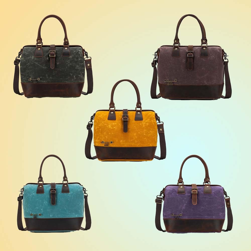 Della Q 107029 Makers Satchel-Bolsa de Lona Hecha a Mano para proyectos de Punto o Ganchillo, Cuero Lienzo, Verde Oliva, 34cm x 30cm x 18cm