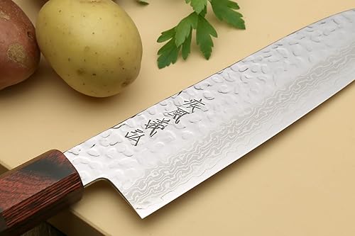 Miniatura 4 de Yoshihiro NSW - Cuchillo de chef multiusos japonés de 46 capas de Damasco martillado Santoku de 7 pulgadas con funda de magnolia y saya natural