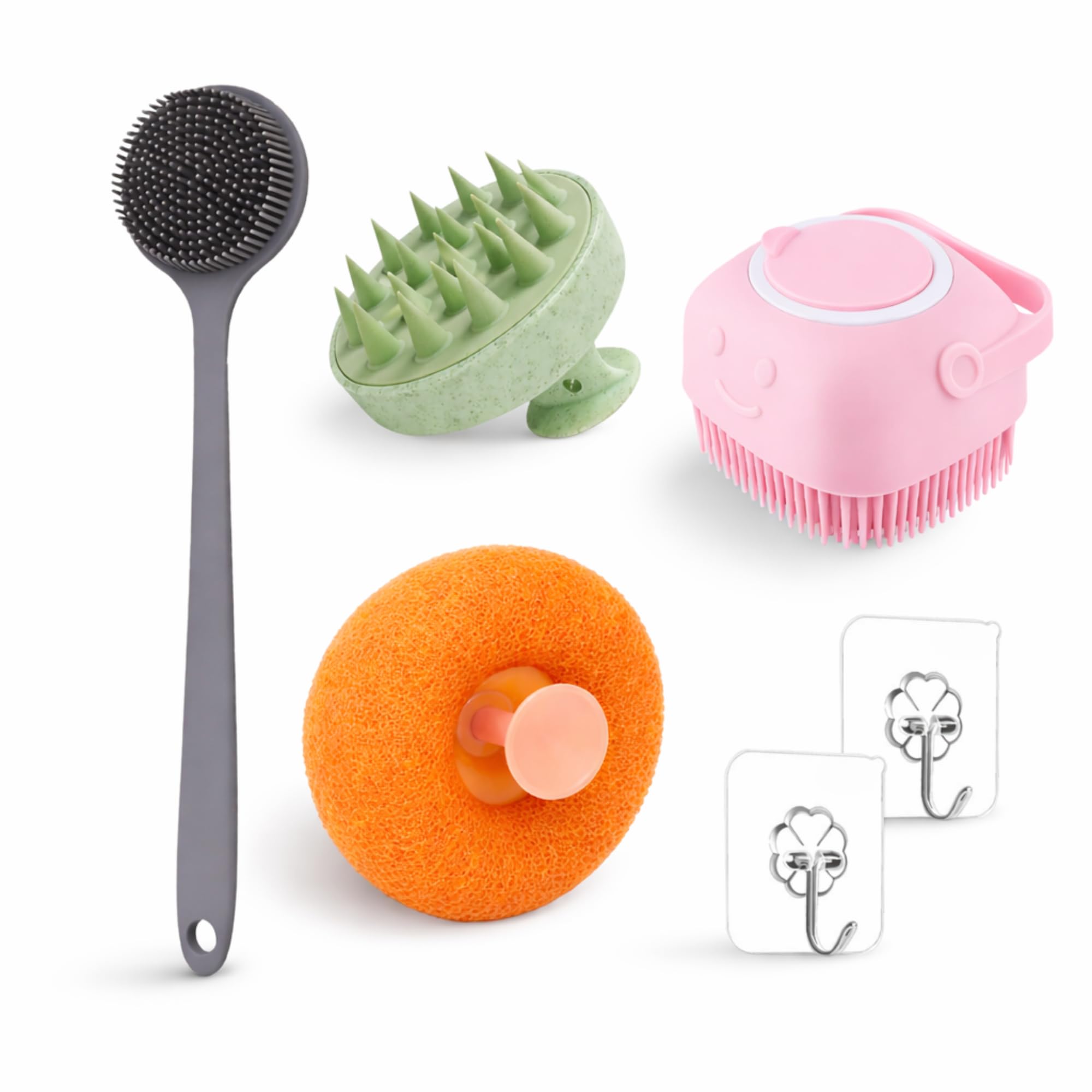 Bath Accessories Combo 6 Pcs | Long Handle Back Brush, Shower Scrubber with Soap Dispenser, Scalp Massager Shampoo Brush, Exfoliating Loofah Sponge & Bathroom Hooks | Shower Accessories Set for Men Women-image-28