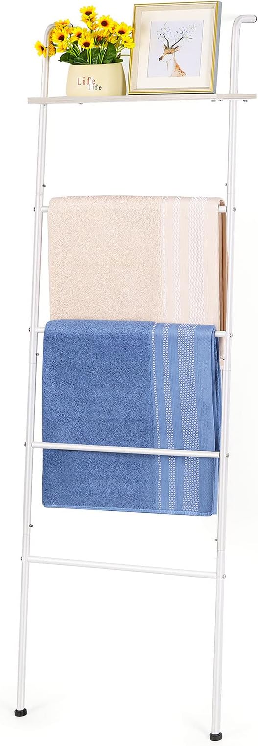 LIANTRAL Blanket Ladder, Wall Leaning Towel Ladder Blanket Holder Rack with Wood Shelf for Living Room Bathroom, Decorative Ladder for Blankets (5-Tiers, White)