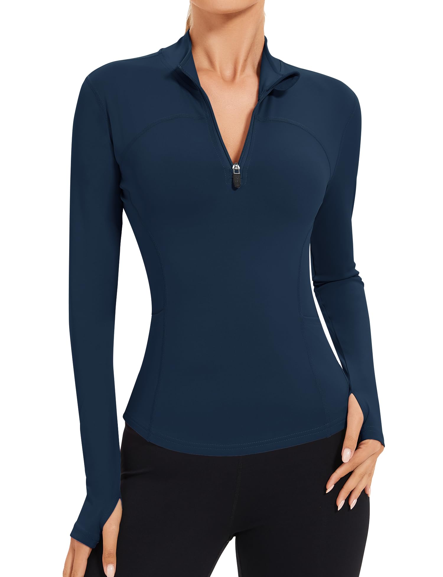 IECCP Damen Laufjacke Sportjacke Langarm Gym Sportshirt Yoga Fitness Crop Tops mit Zwei Taschen Leicht Laufen Oberteil mit 1/4 Reißverschluss und Daumenloch