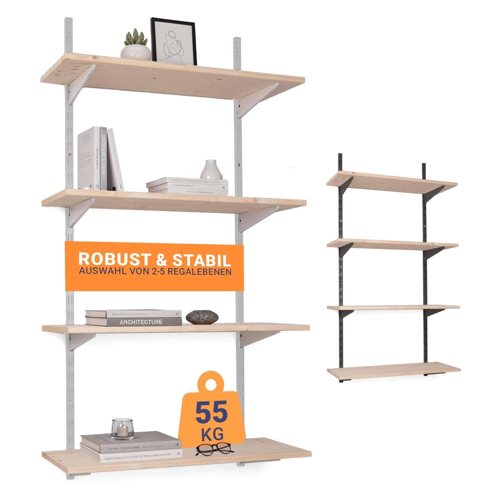 Scaffale da parete in metallo con ripiano, scaffale in 50 varianti, altezza: 50 cm, 2 ripiani da 80 x 50 cm (larghezza x profondità), colore: bianco, sistema di scaffalatura a binario