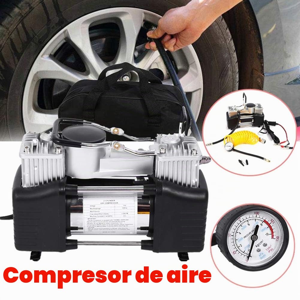 Wakects Compresor de Aire Eléctrico Portátil, Doble Bomba de Cilindro, con 3 Adaptadores de Boquilla, para Sedán, Camión, Bicicleta Motorizada