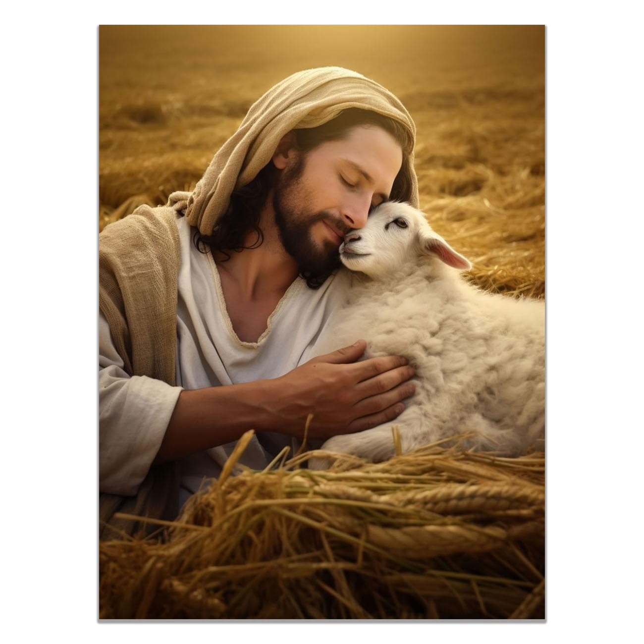 QUSAAOU Canvas Wall Art Jesus Jesus with Cute Animals icture Christianity Cross Poster Print Painting for Living Room Bedroom Prayer Room Home Decorate(khaki)-80x120cm Unframed