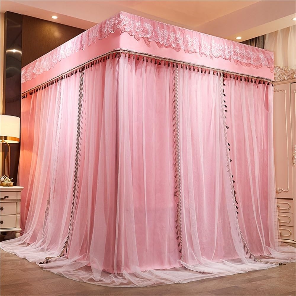 4-Poster Bed Canopy Set with Curtains, Mosquito Net, Stainless Steel Frame, Elegant Privacy Drapes Curtain Net, Romantic Bed Drapes, Privacy Bed Curtain​(Pink,W78.7 x L86.6in)