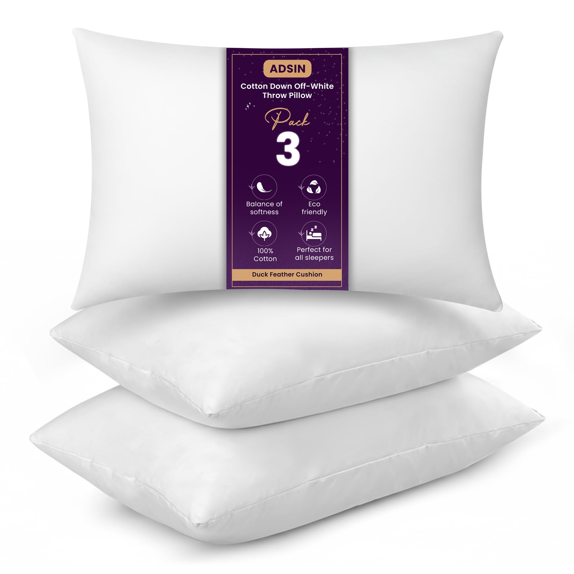 Adsin Off White Set Of 3 Duck Feather Cushion Inserts – 35Cm X 55Cm (14" X 22") – Off-White Throw Pillow Pads With 100% Cotton Down-Proof Cover – Soft & Supportive Inner Fillers For Sofas & Beds