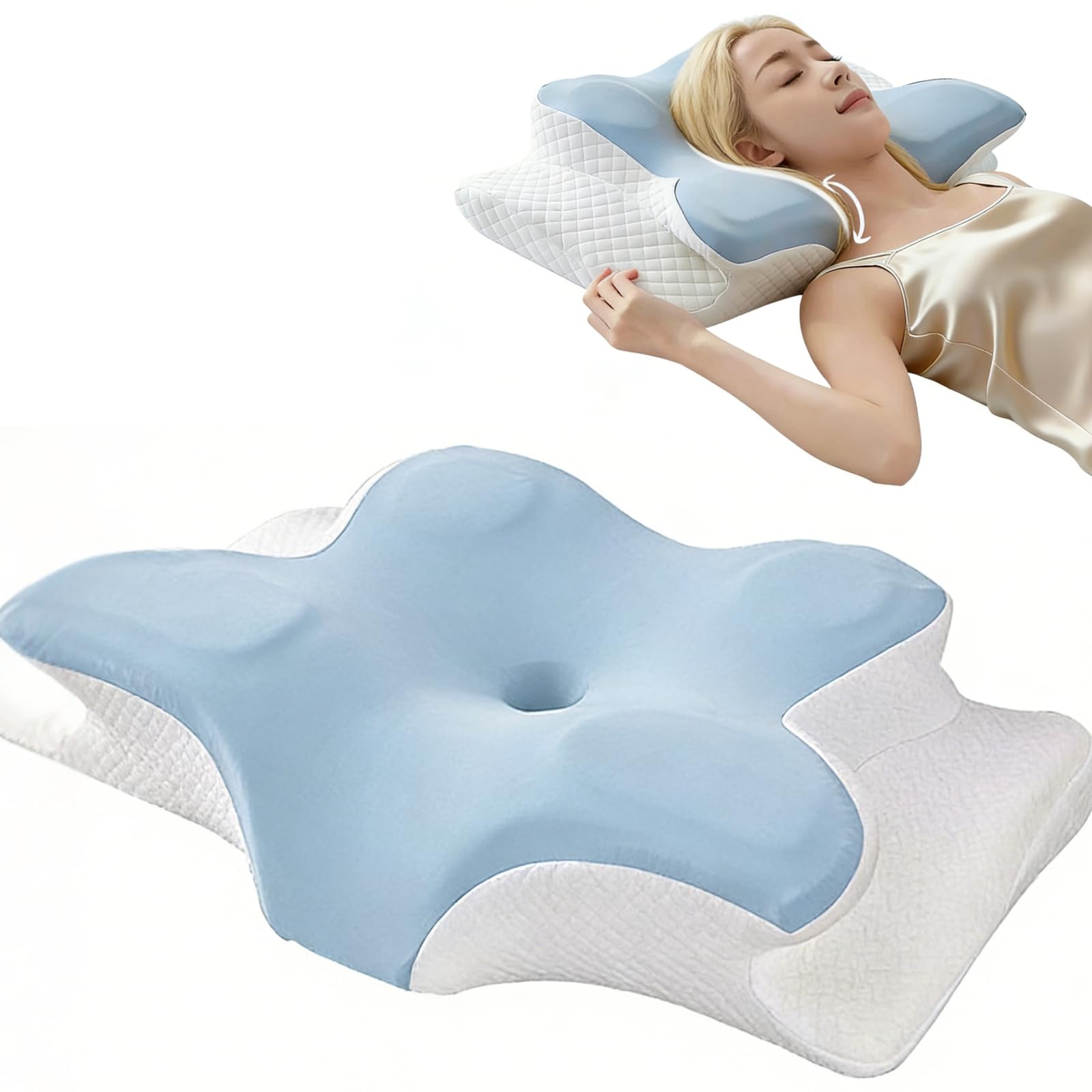 Cuscino Cervicale Per Dormire, Cuscino Ergonomico In Memory Foam, Adatto Per Chi Dorme Su Lati, Supini o Prono, Copriletto Rimovibile e Lavabile(62 * 41 * 12cm) (Blu)