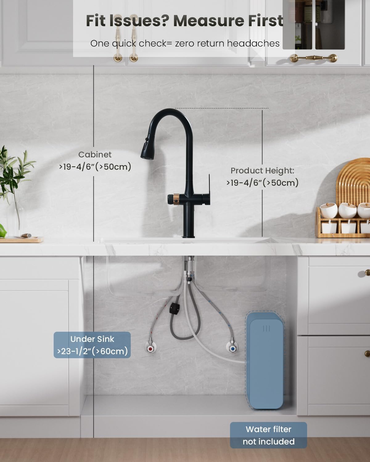 APPASO Black Kitchen Faucet with Water Filter, cUPC Certified Hoses, 3 Way Sink Faucets with Pull Down Sprayer 3 Modes, Single-Handle High Arch 3 in 1 Faucet, Without Water Filtration Device