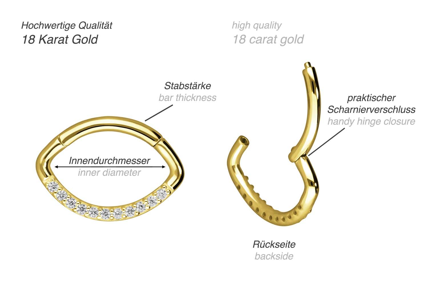 PIERCINGLINE 18 Karat Gold Piercing für Nase Septum Ohr Helix oder Tragus Segmentring Clicker OVAL + EINGEFASSTE KRISTALLE Gelbgold