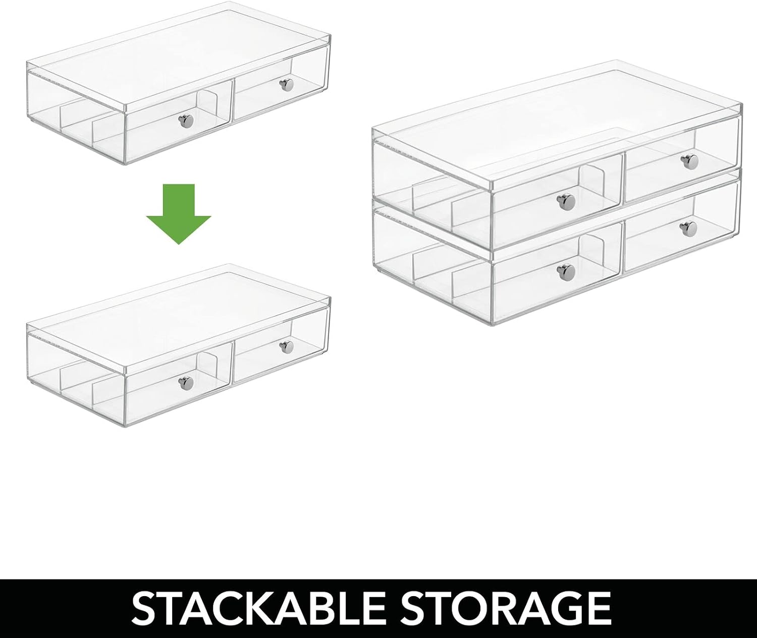 mDesign Wide Stackable Plastic Eye Glass Organizer Box Holder for Sunglasses, Reading Glasses, Lens Cleaning Cloths, Accessories - 2 Divided Drawers with 6 Sections, Chrome Pulls, 2 Pack - Clear
