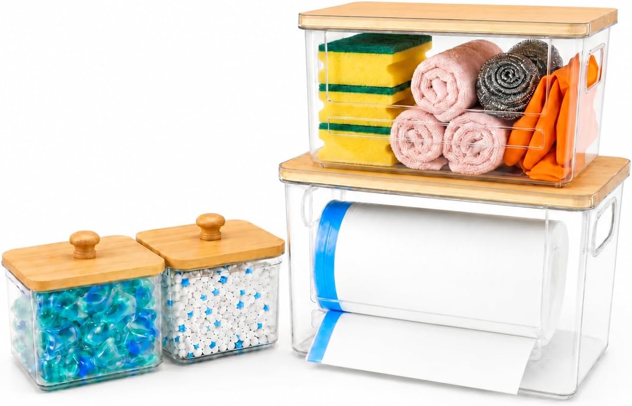 4 PACK Stackable Trash Bag Dispenser Organizer, Multi-Purpose Under Sink Garbage Bag Storage Holder for Kitchen Cabinet Pantry Laundry Room Grocery Plastic Bag Container Organizer