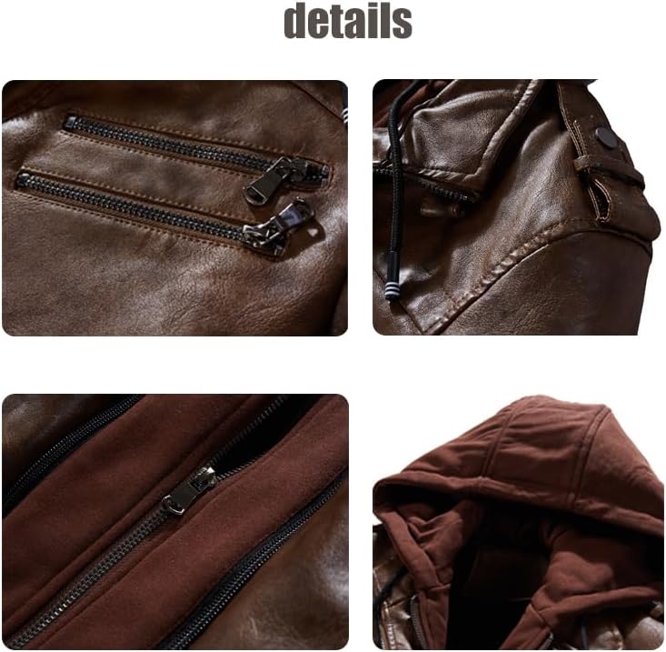 Men's Leather Jacket, Autumn and Winter Casual Leather Motorcycle Jacket with Hood, Faux Two Pieces, Khaki-4XL