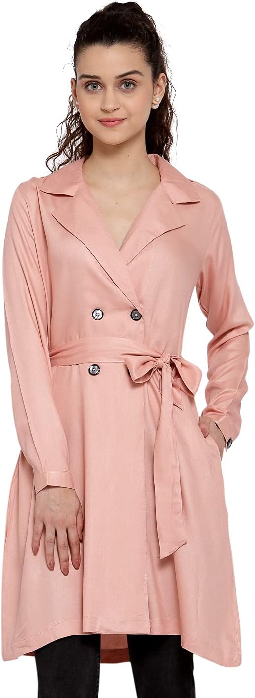 Style QuotientWomen Black Solid Double-Breasted Trench Coat