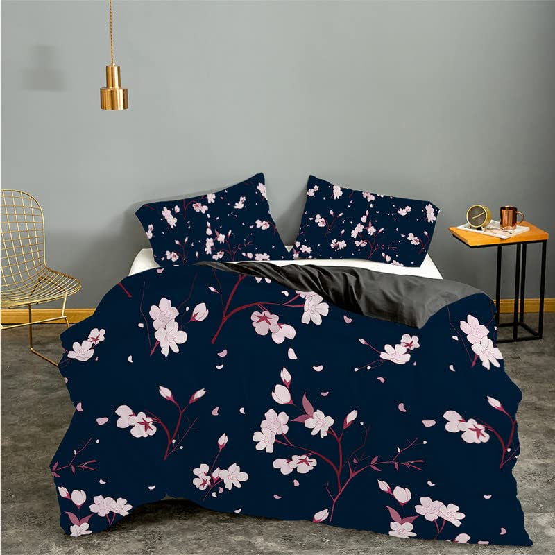 Housse de couette 160x200 bleu marine motif pétales avec 2 taies d'oreiller