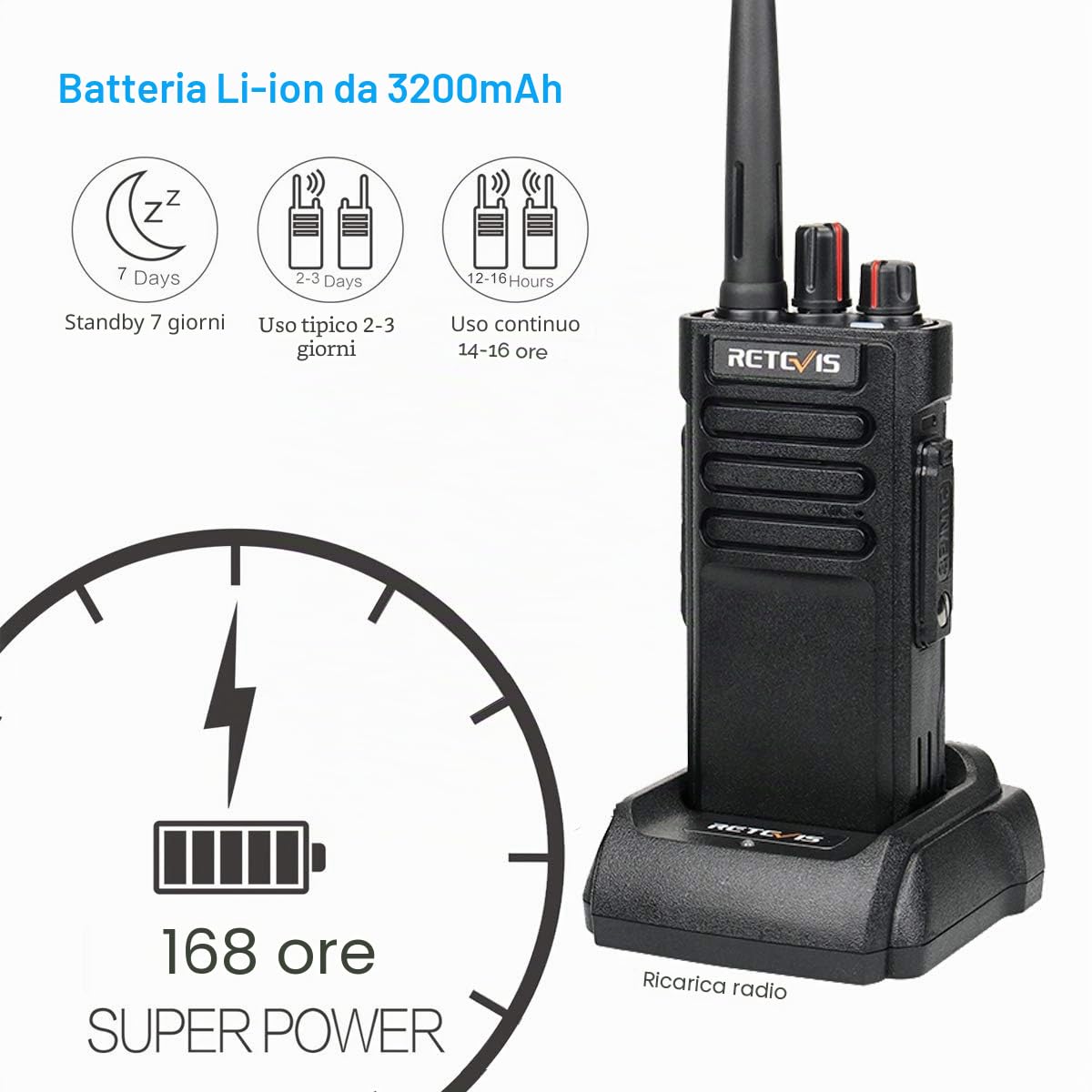 Retevis RT29 Walkie Talkie Lungo Raggio, Professionali Ricetrasmittenti Portatile con 3200 mAh, 16 Canali CTCSS/DCS VOX Ricaricabili Walkie-Talkie per Caccia, Sicurezza (Nero, 2 Pezzi) | 3200 mAh, 16 Canali CTCSS DCS VOX Ricaricabili Walkie-Talkie per Cac