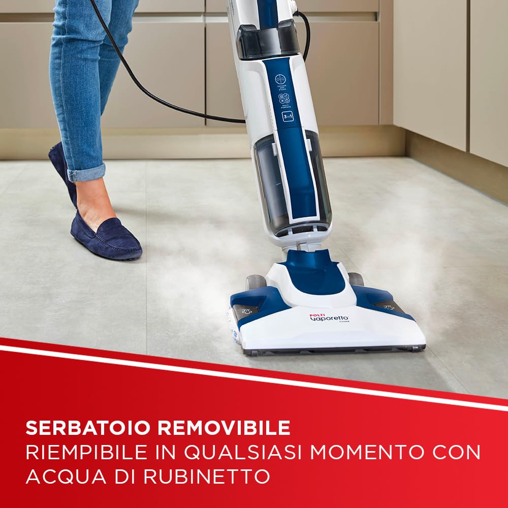 Polti Vaporetto 3 Clean Blue Aspirapolvere Lavapavimenti con Pulitore a Vapore Portatile, 3 Prodotti in 1, 14 Accessori, Aspirazione Ciclonica senza Sacco, Potenza Max 1800 W, Bianco e Blu