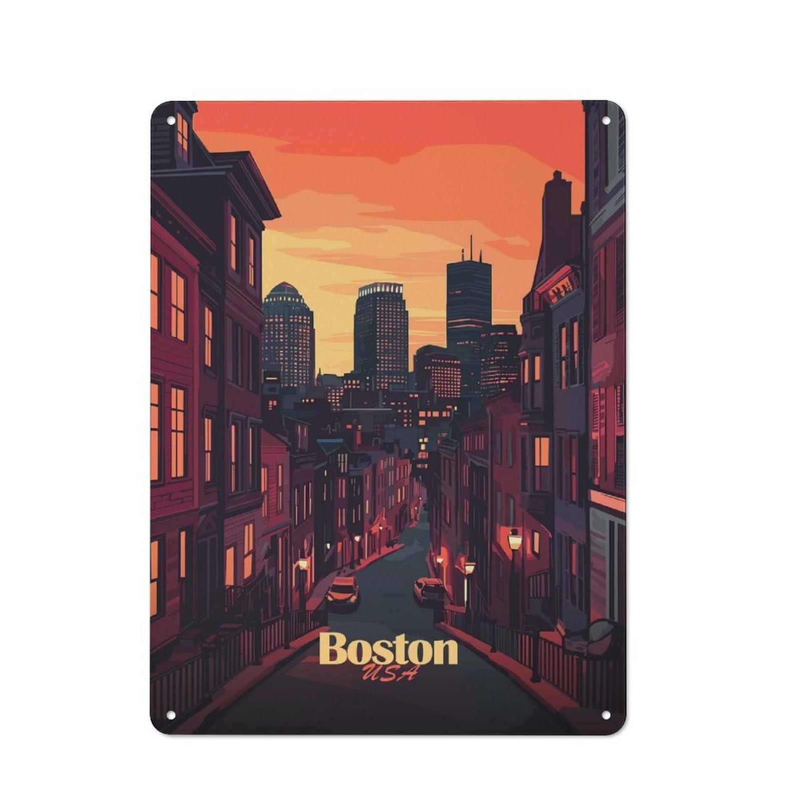 Junmoney Style-15 Shop Front Style Boston Skyline At Dusk Cafe Metal Sign 40X30cm, Bistro Wall Plaque For Tea Room, Shop Wall Or Breakfast Area