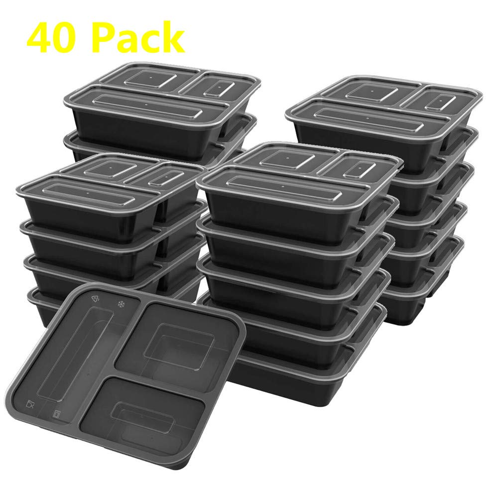 Meal Prep Containers 40 Pack 3 Compartment with Lids, Food Storage Bento Box | BPA Free | Stackable | Lunch Boxes, Microwave Dishwasher Freezer Safe,Portion Control