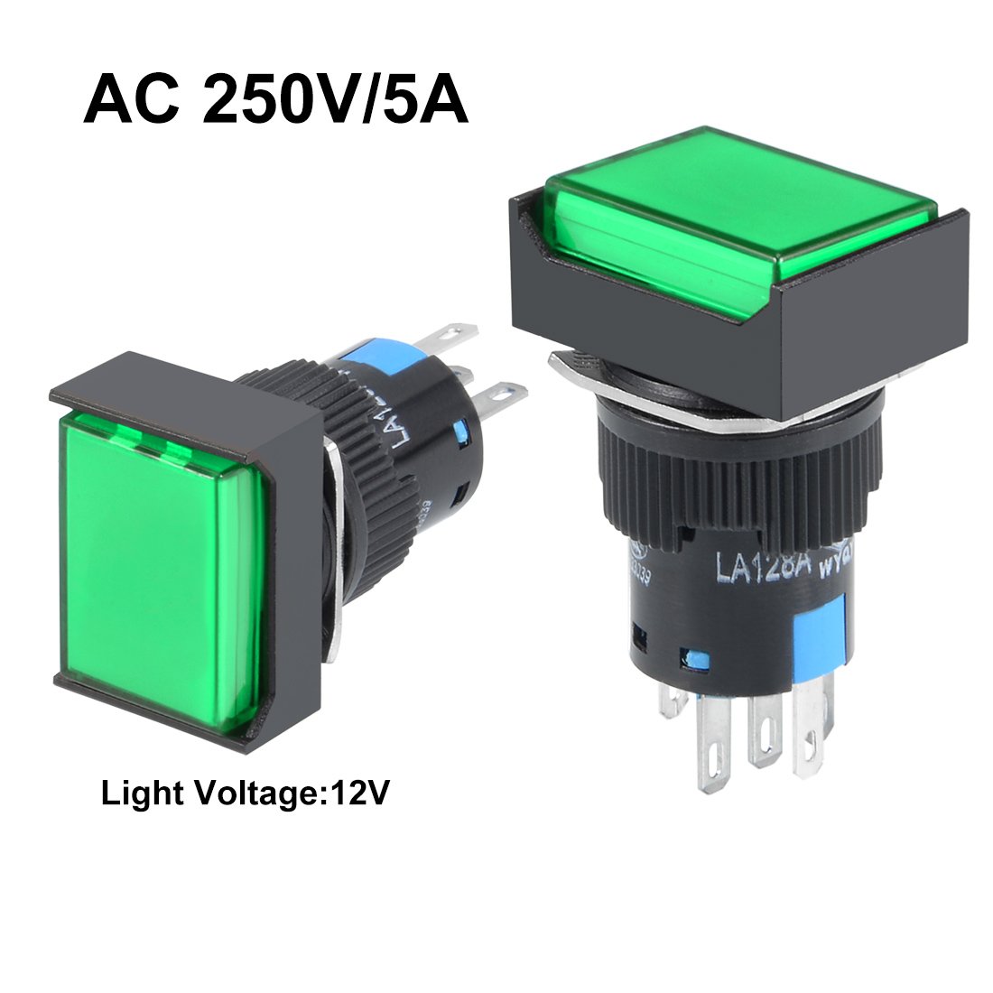 Sourcingmap 5Pcs 16mm Momentary Push Button Switch Green LED Light Rectangular Button 1 NO 1 NC, Green Momentary - Image 2