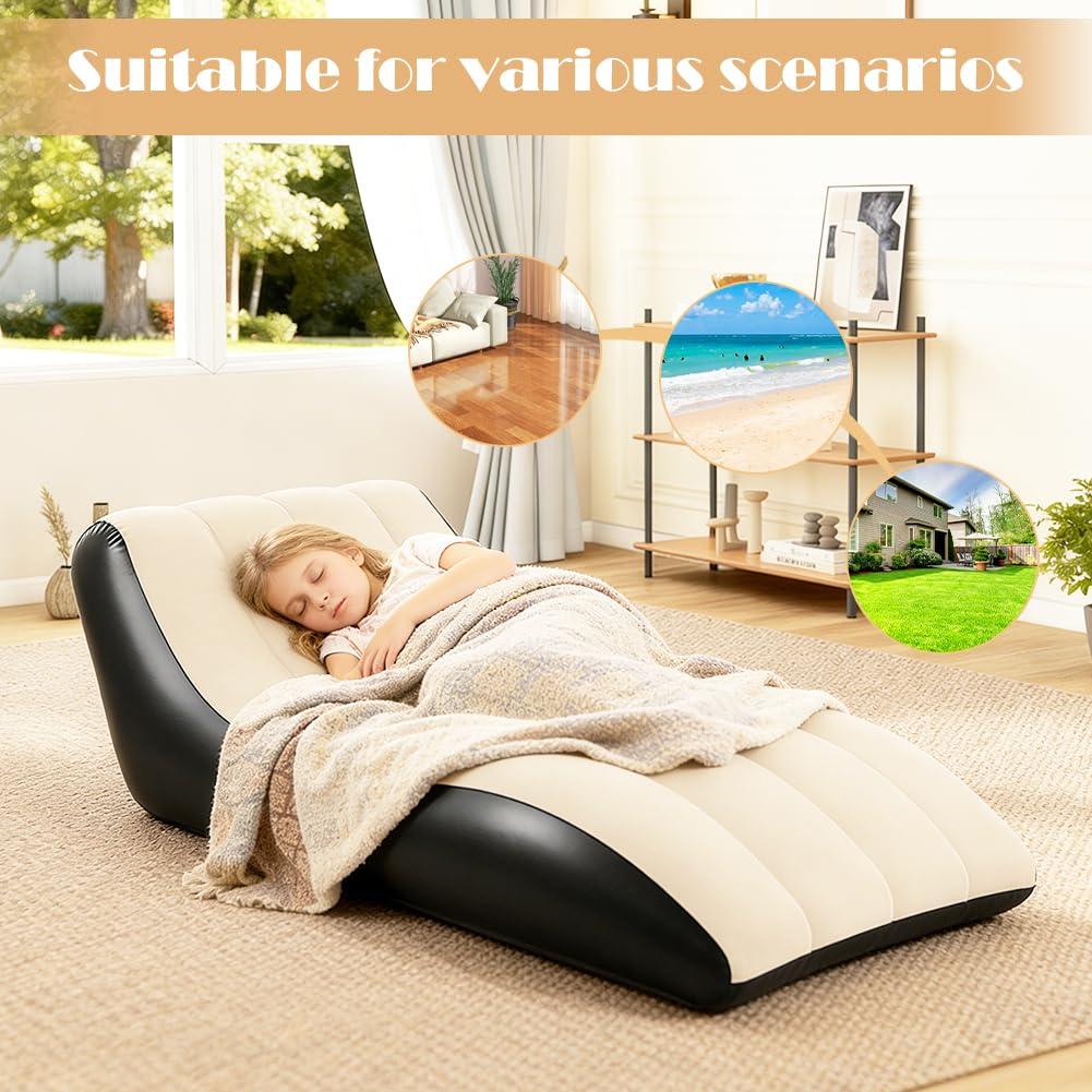 Sofá hinchable con superficie flocada, 155 x 86 cm, incluye bomba de aire, sofá hinchable portátil y cómodo para salón, camping, jardín, playa, patio trasero