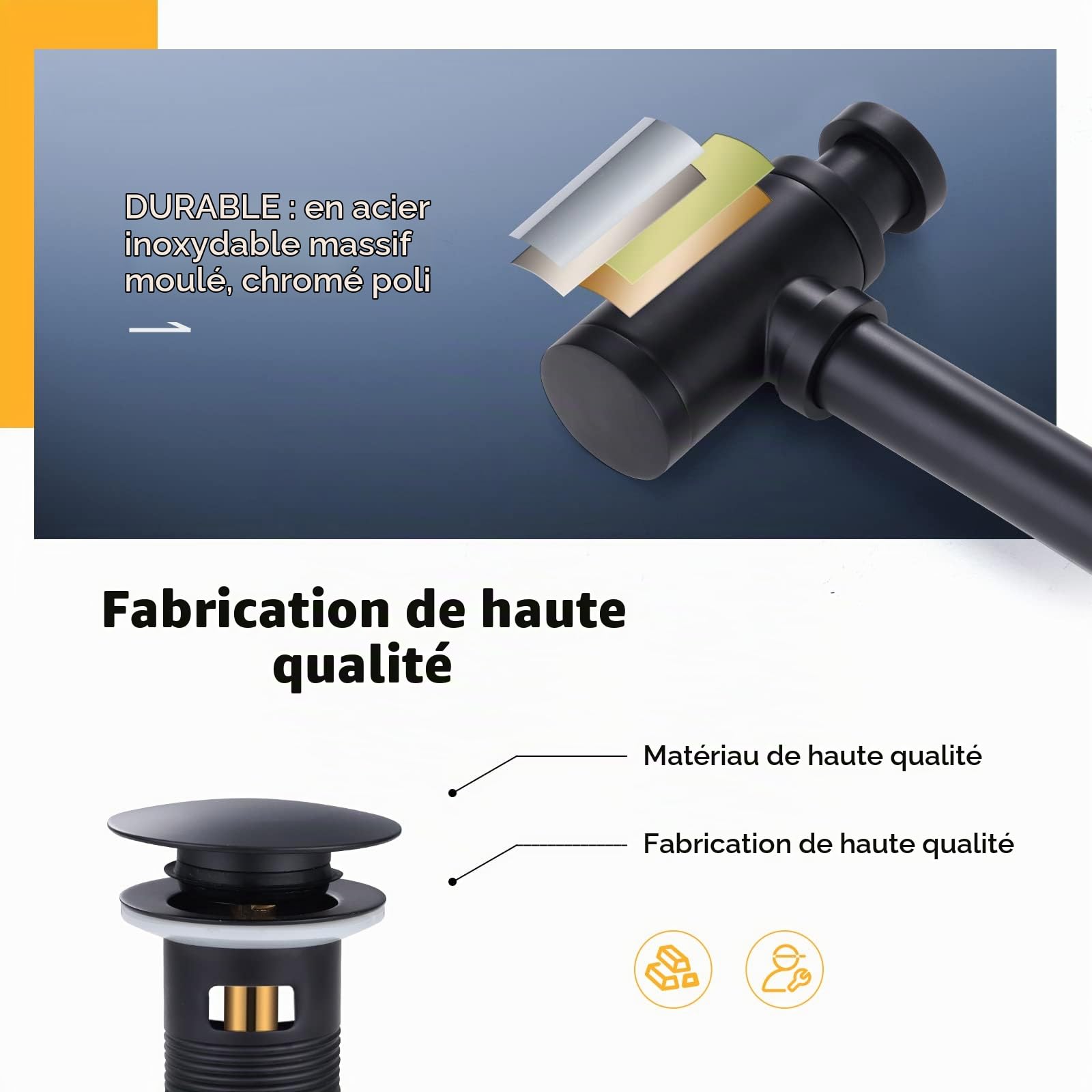 Siphon avec vidage, siphon noir pour lavabos et avec trop-plein, siphon bouteille 1 1/4 x 32 mm, réglable en hauteur