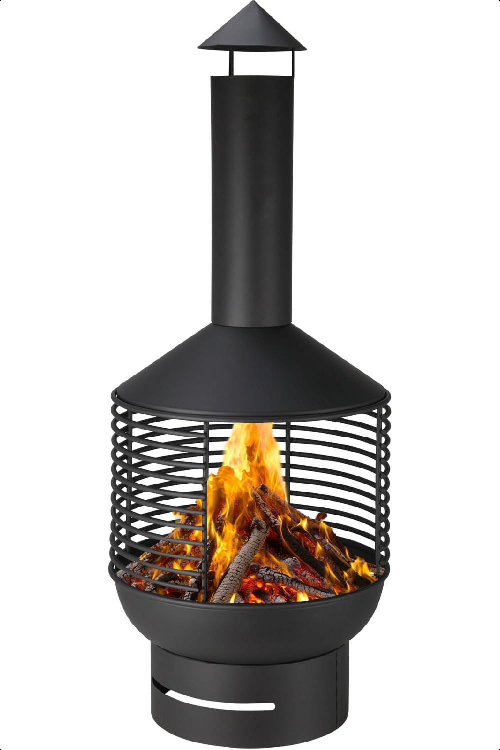 idooka Chiminea Fireplace with Base & Top – Stylish Cut-Out Style Outdoor Chimney Fire Pit for Garden & Patio, Durable Matt Black Steel, Size 41x41x105cm, 800°C Fire Rated