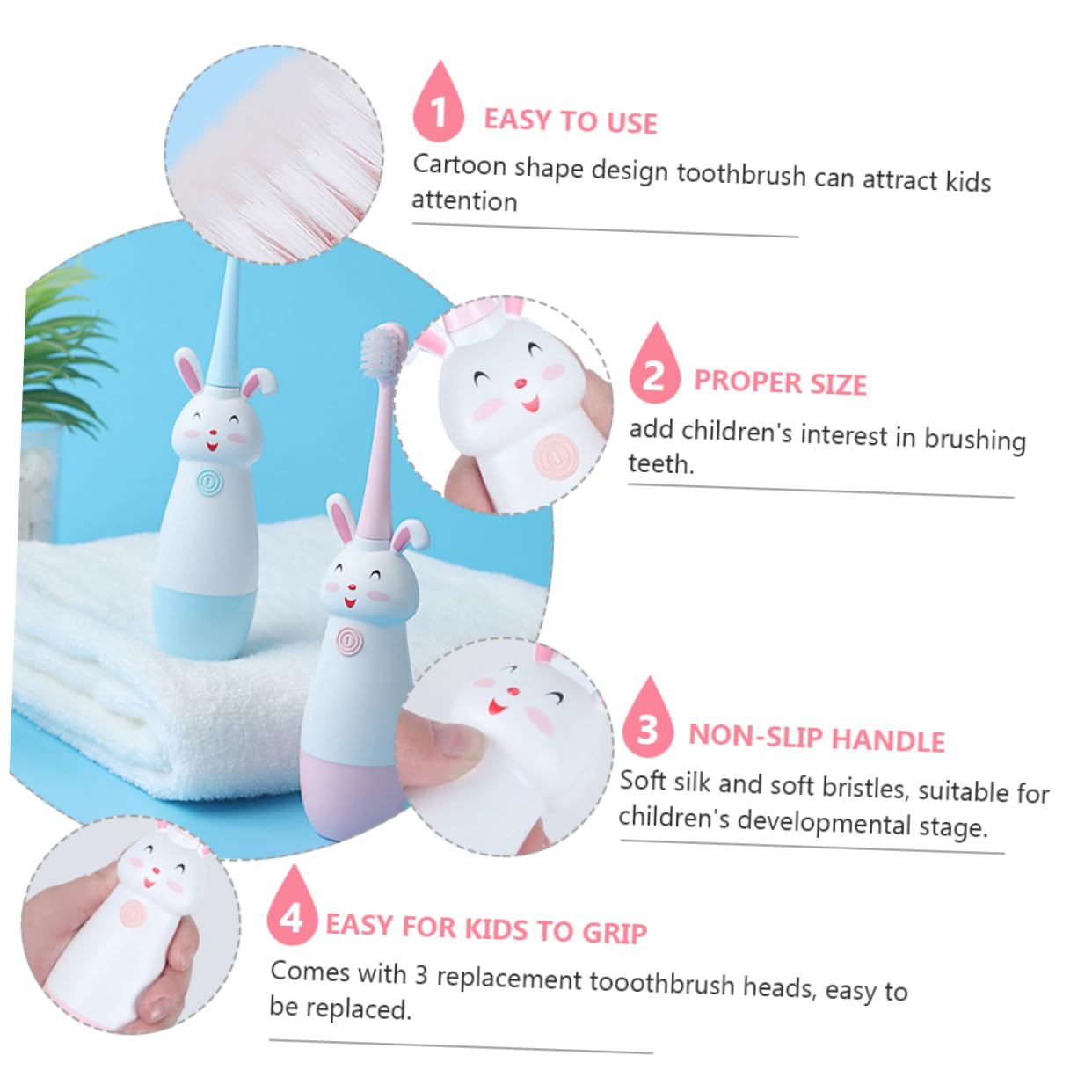 Mipcase 3 Juegos Cepillo Eléctrico Infantil con Diseño de Dibujos Animados Vibración Sónica Cabezales de Repuesto Compacto y Fácil de Usar para Bebés Color Rosa
