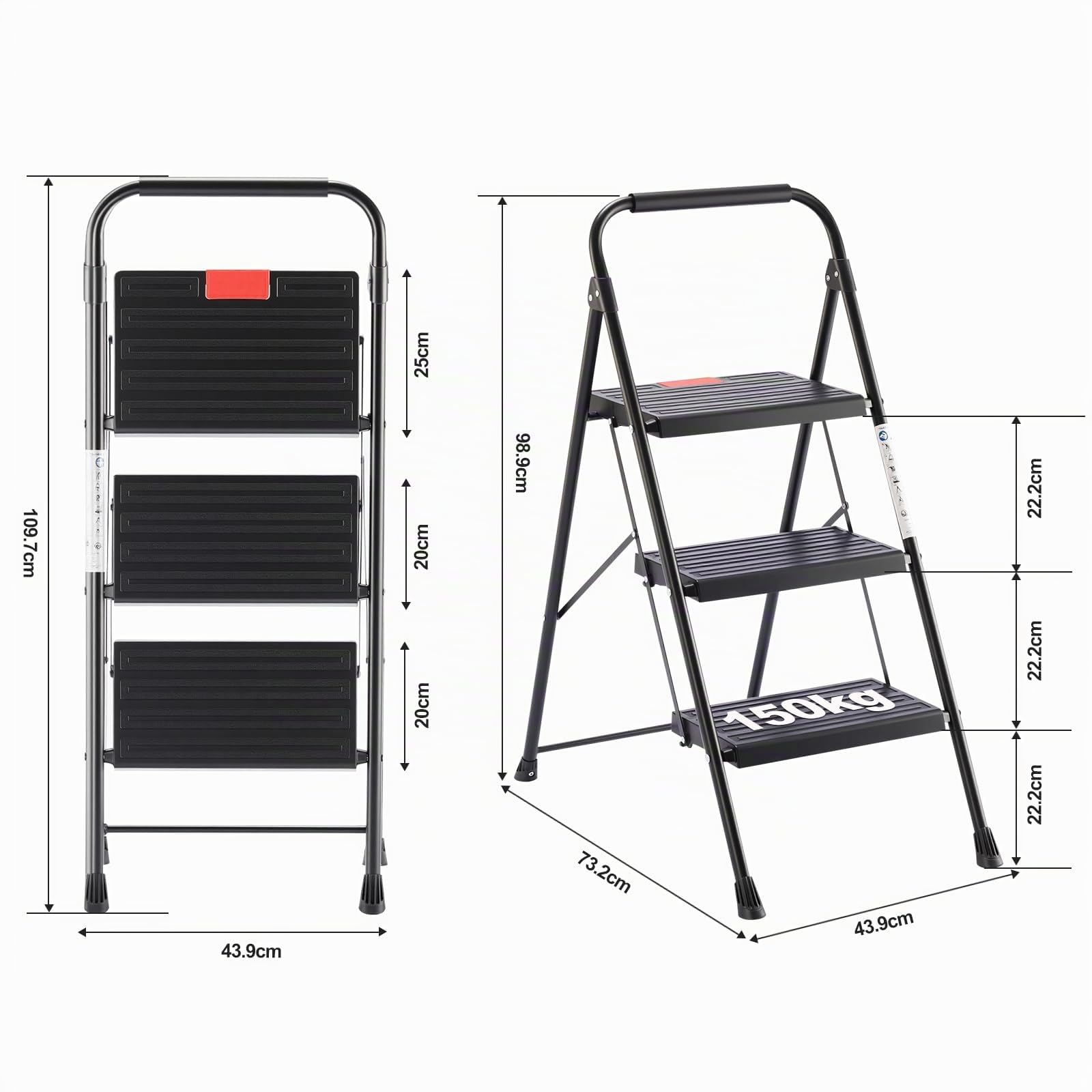 Sweetcrispy Trittleiter 3 Stufen klappbar, Klapptritt für Zuhause, stabile Anti-Rutsch-Leiter mit Handlauf, kompakte & leichte Klappleiter, bis 150 kg belastbar, ideal für Haushalt & Büro, Schwarz