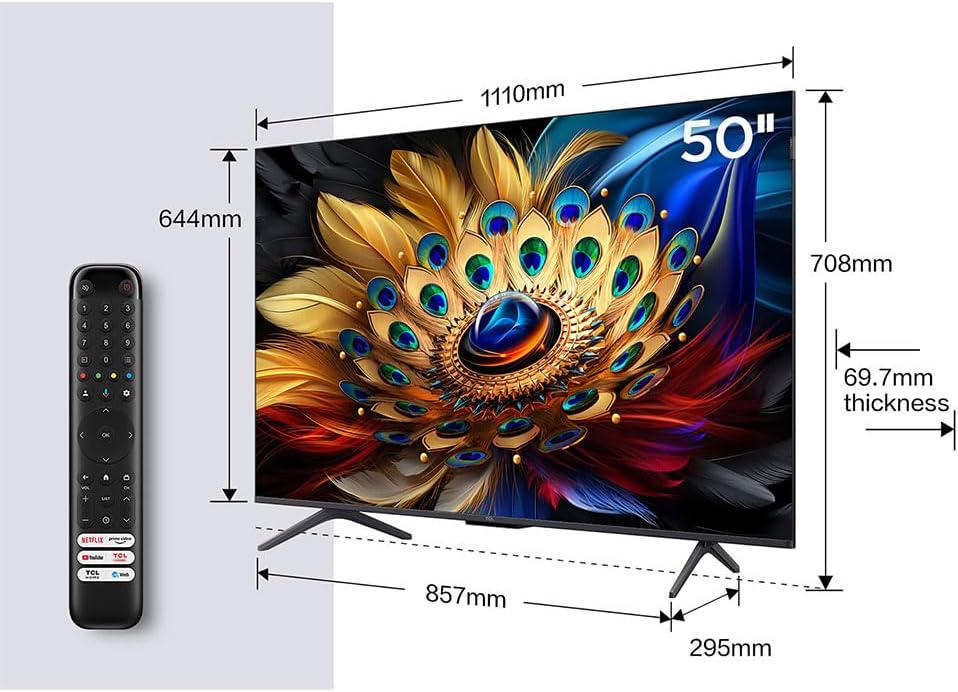 TCL 50C655 TV dimensions and remote control