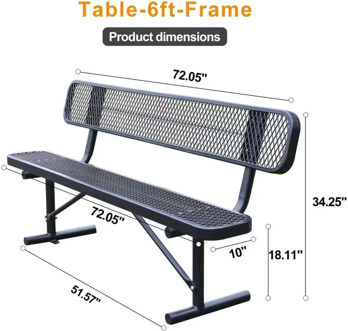 6 ft Outdoor Park Bench – Heavy-Duty Steel Frame & Rust-Resistant Thermoplastic Coating, Suitable for Gardens, Courtyards, Campuses, Commercial Spaces (Black, 6ft)