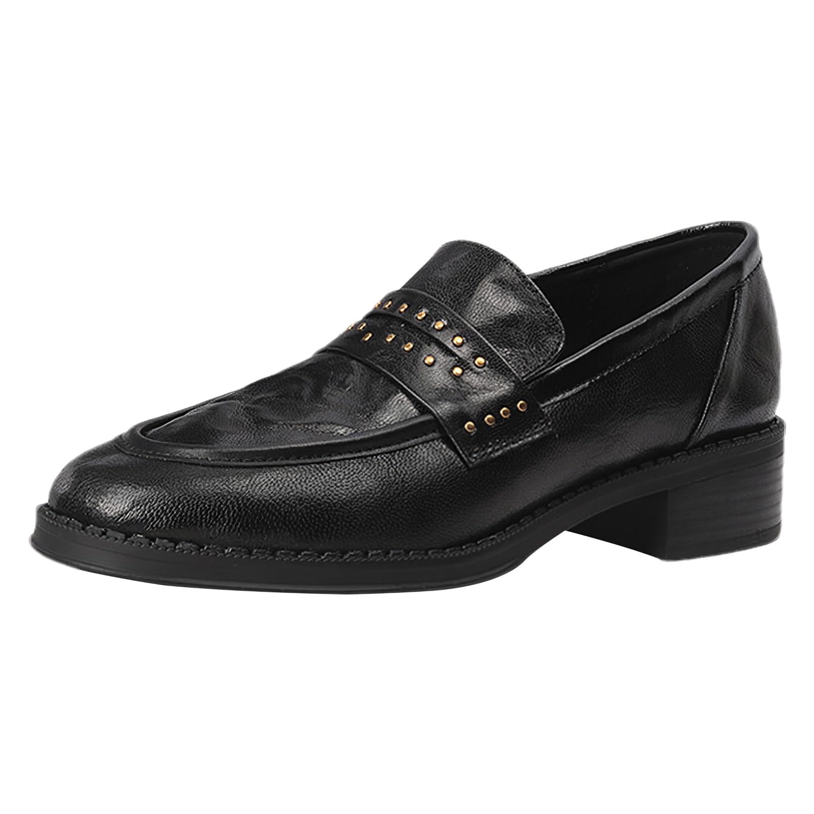 ANUFER Mujeres Cool Punk Remache Mocasines Penny Punta Redonda Slip-On Tacón de Bloque Zapatos de Vestir