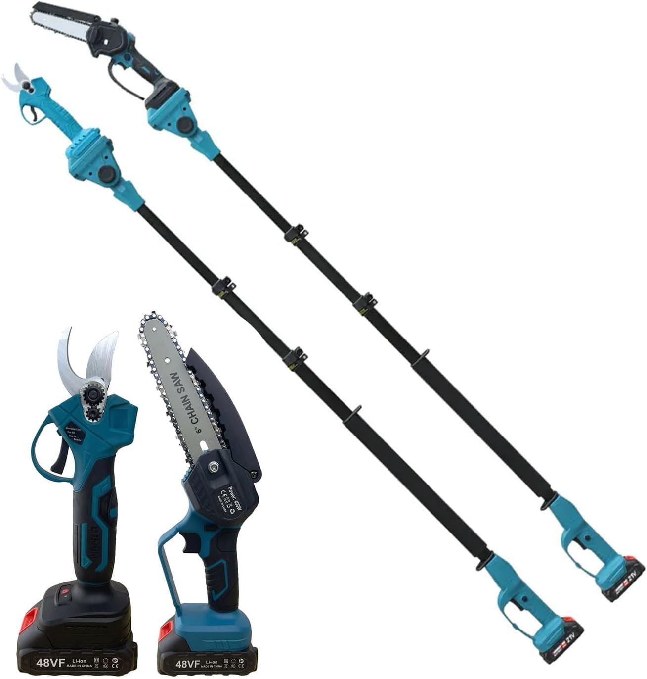 Kit Potatura a Batteria 3 in 1 – Forbice Elettrica + Mini Motosega 6" + Asta Telescopica 3m, Cesoie Professionali per Potatura Rami, Alberi, Siepi e Vigneto