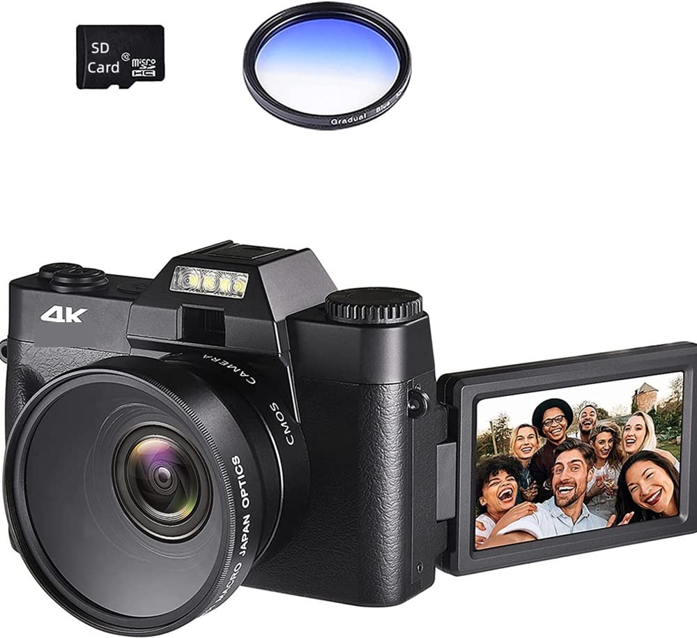 CVFRDD Macro Lens 4K Digital Camera Flip Screen Selfie Camcorder 48MP Vlog Webcam Vintage Video Recorder 16X Wide Angle(NO SD Card,With Lens Fliter-04)