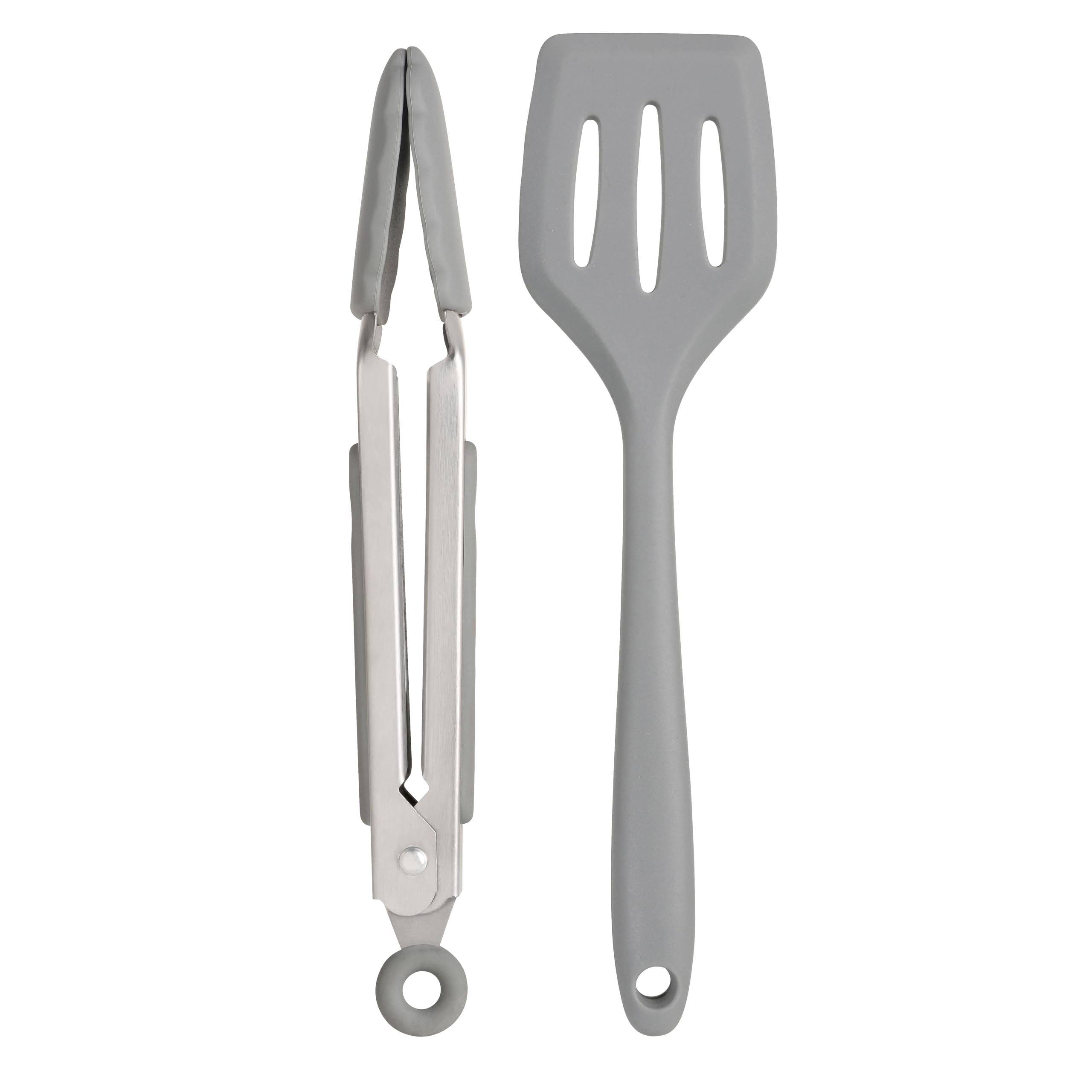 Wiltshire Silicone Mini Kitchen Tongs & Turner, Set of 2, Serving Spatula & Cooking Tongs, Salad BBQ Tongs Stainless Steel, Fish Slice, Heat-Resistant Utensil, Non-Stick, Non-Scratch, Pebble Grey