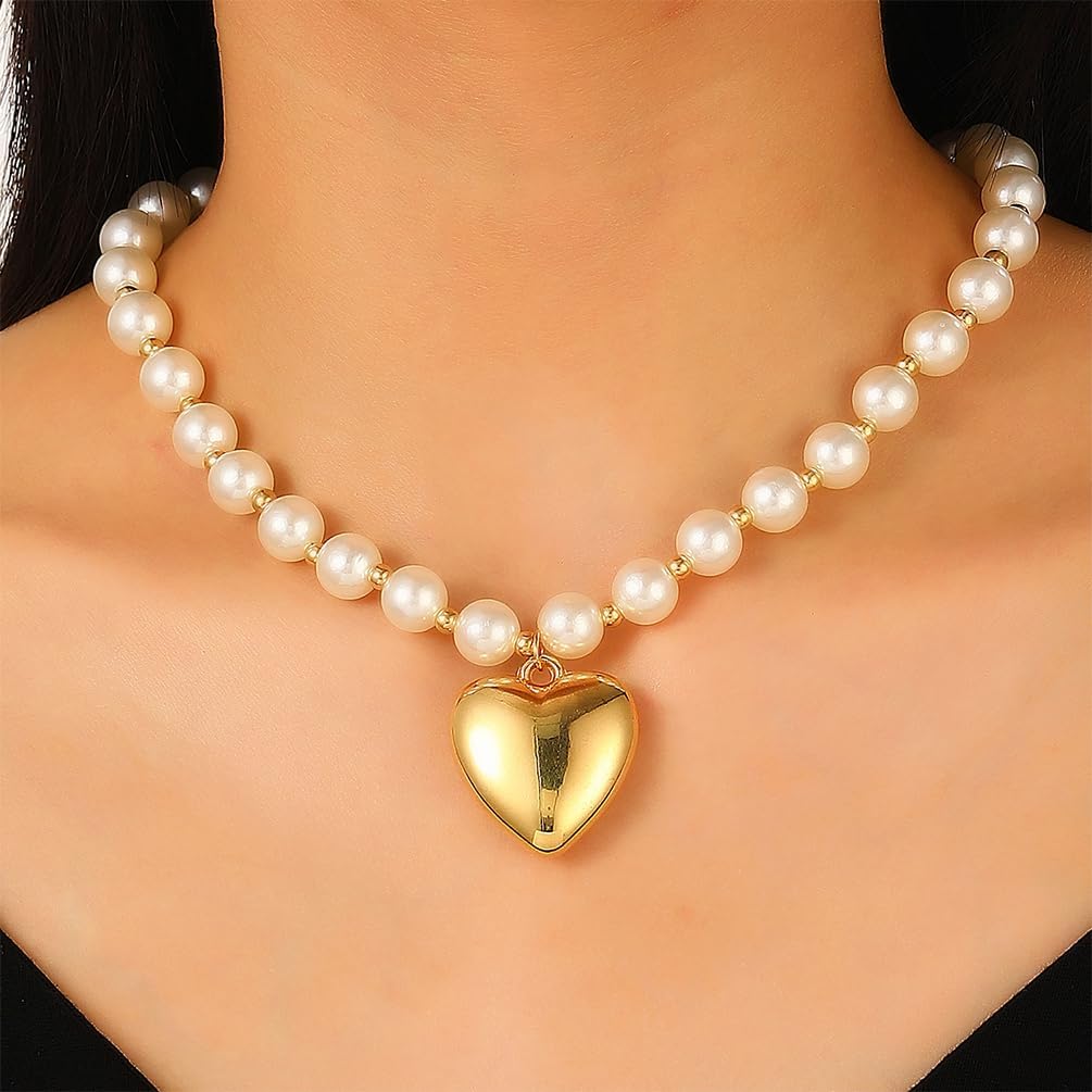 Dainty Beaded Pearl Choker Y2k Heart Pendant Necklace for Women, Chunky Round Pearls Chain Charm Puffy Love Shaped Trendy Aesthetic Prom Jewelry Gift - Image 3