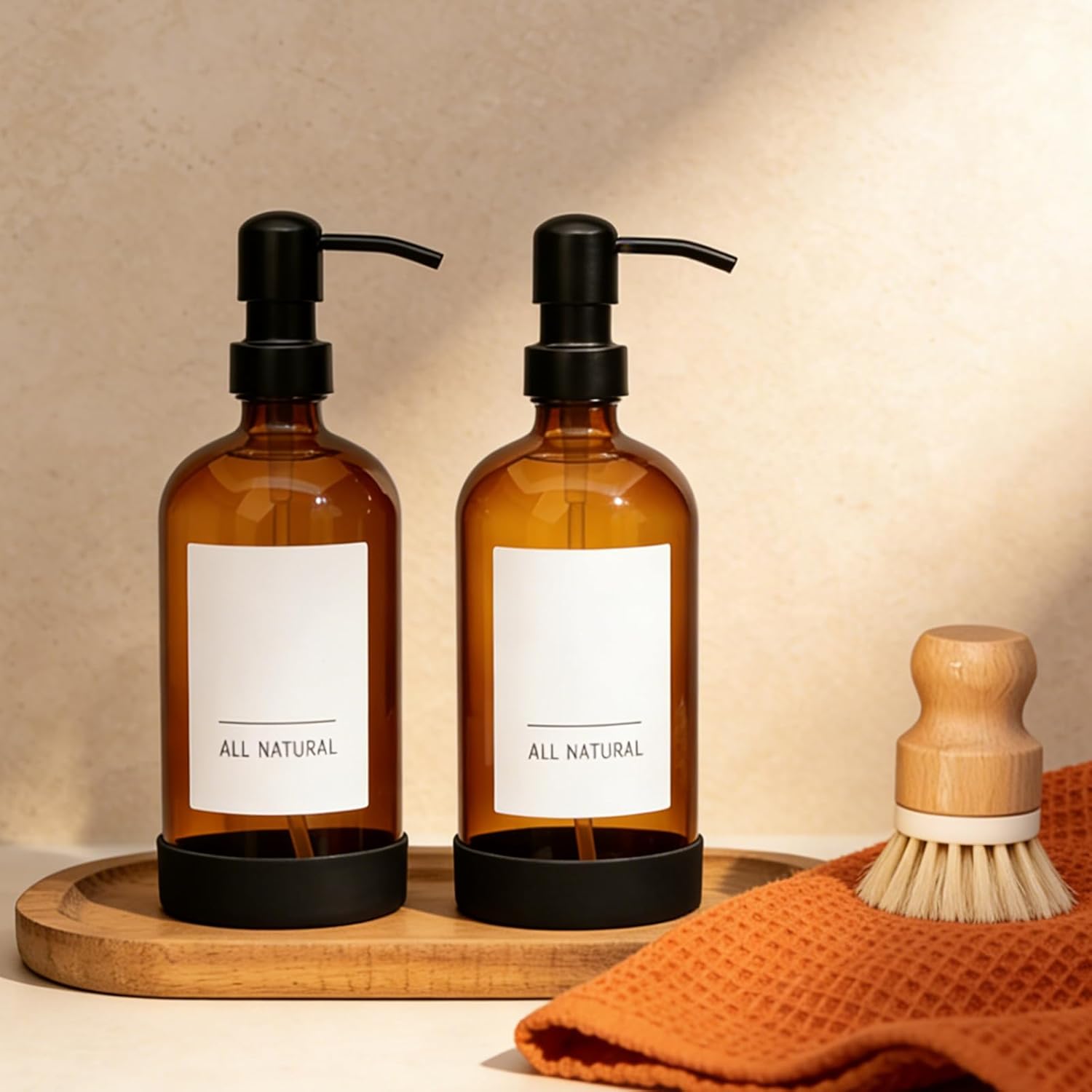 16oz Amber Glass Soap Dispenser Set of 4,Brown Glass Pump Bottles for Bathroom Kitchen,Bathroom Kitchen Hand and Dish Soap Dispenser Set,Modern Brown Soap Dispensers Bottles