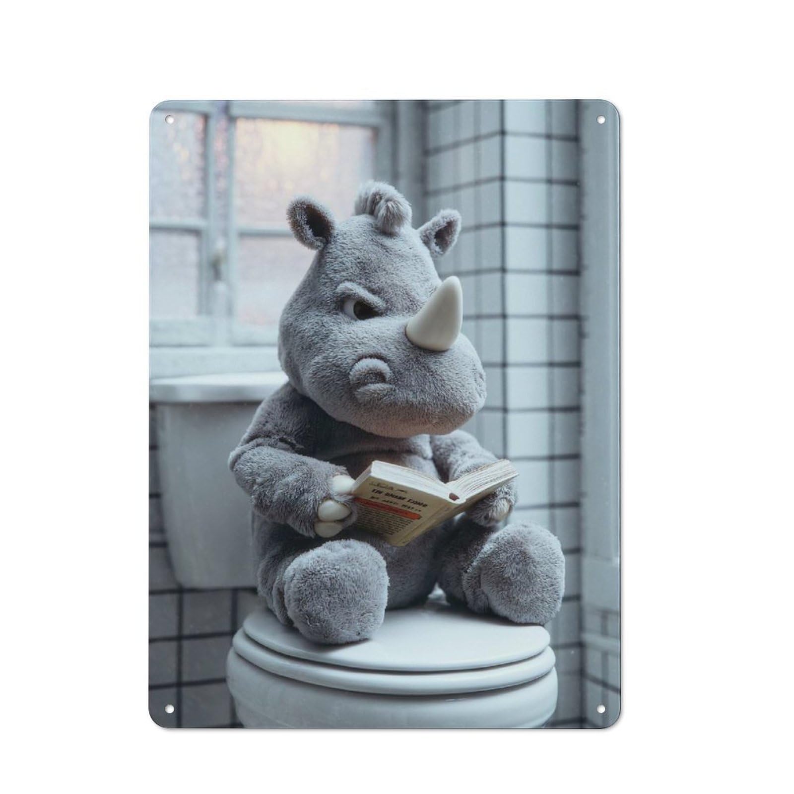 Junmoney Style-11 Tin Sign 40X30cm With Rhino Plush Reading On Toilet For Workshop Wall, Retro Decor, For Metal Sign Collectors, For Cafés, Pubs And Restaurants