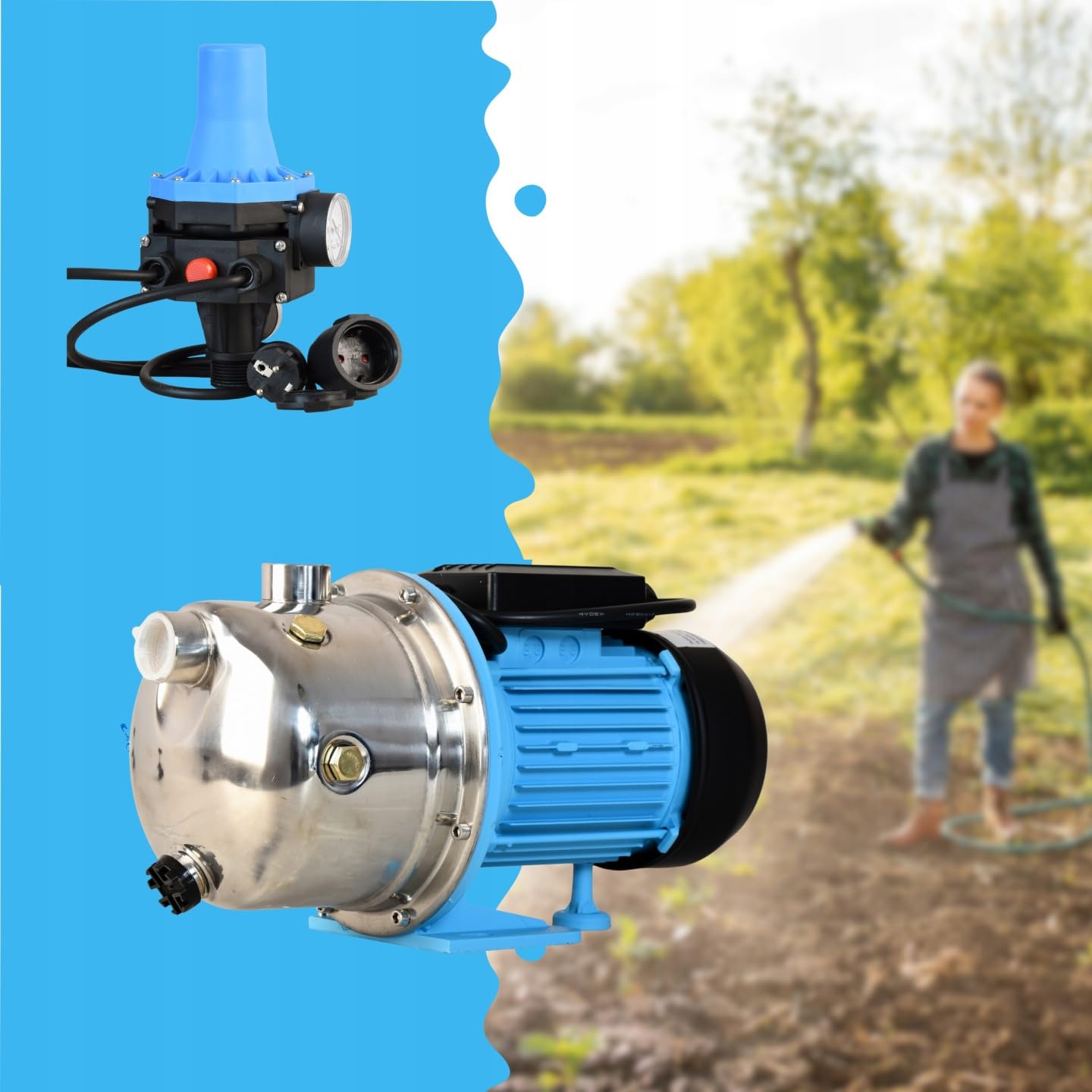 Pompe de Jardin Professionnelle JX 1100 avec Pressostat CSK 31 - Pompe à Eau (1100 W, 3600 l/h, hauteur de Refoulement 50 m) - Pompe arrosage INOX - Commande de Pompe - Protection Fonctionnement à Sec