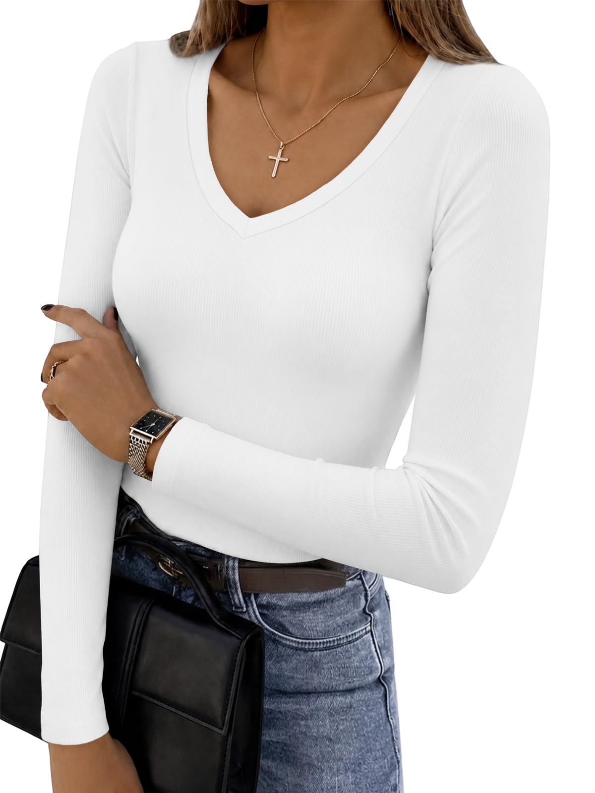 Cuptacc Langarmshirt Damen V Ausschnitt Modal Top Slim Fit Basic Pullover | Soft Modal,V Neck,Enganliegend,Stretch,Langärmlig,Feine Gerippte,Casual,Elegante,Weich,Komfort,Vielseitig