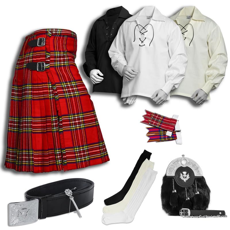 BELGLY Scottish Kilt for Men - 08 Pcs Kilt Accessories for Men, Scottish Outfit, Royal Stewart 36''