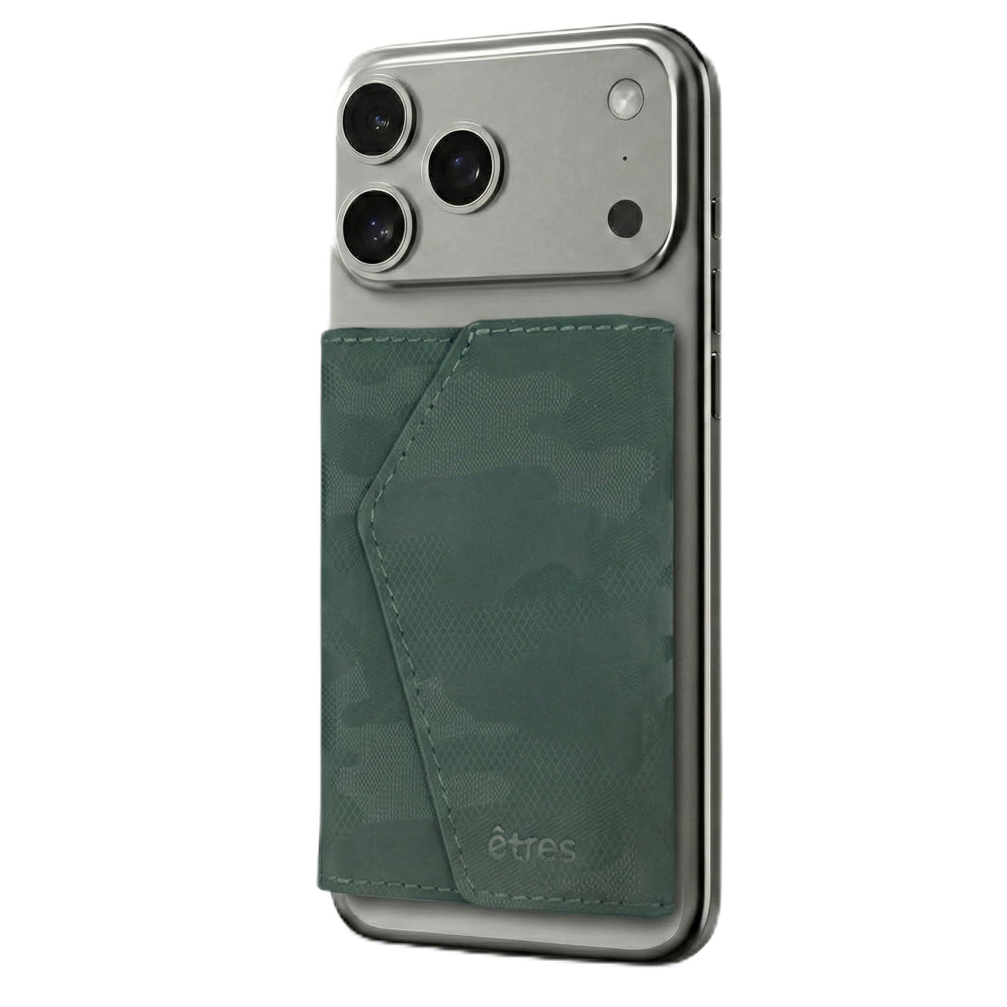TECHMADE ETRES Portafoglio Magnetico ICON Easy - Compatibile con iPhone 17/16/15/14/13/12 - Protezione RFID, in PU Leather - 6 Carte + Tasca Contanti - Compatto, Unisex, Antiscivolo (Cam Green)