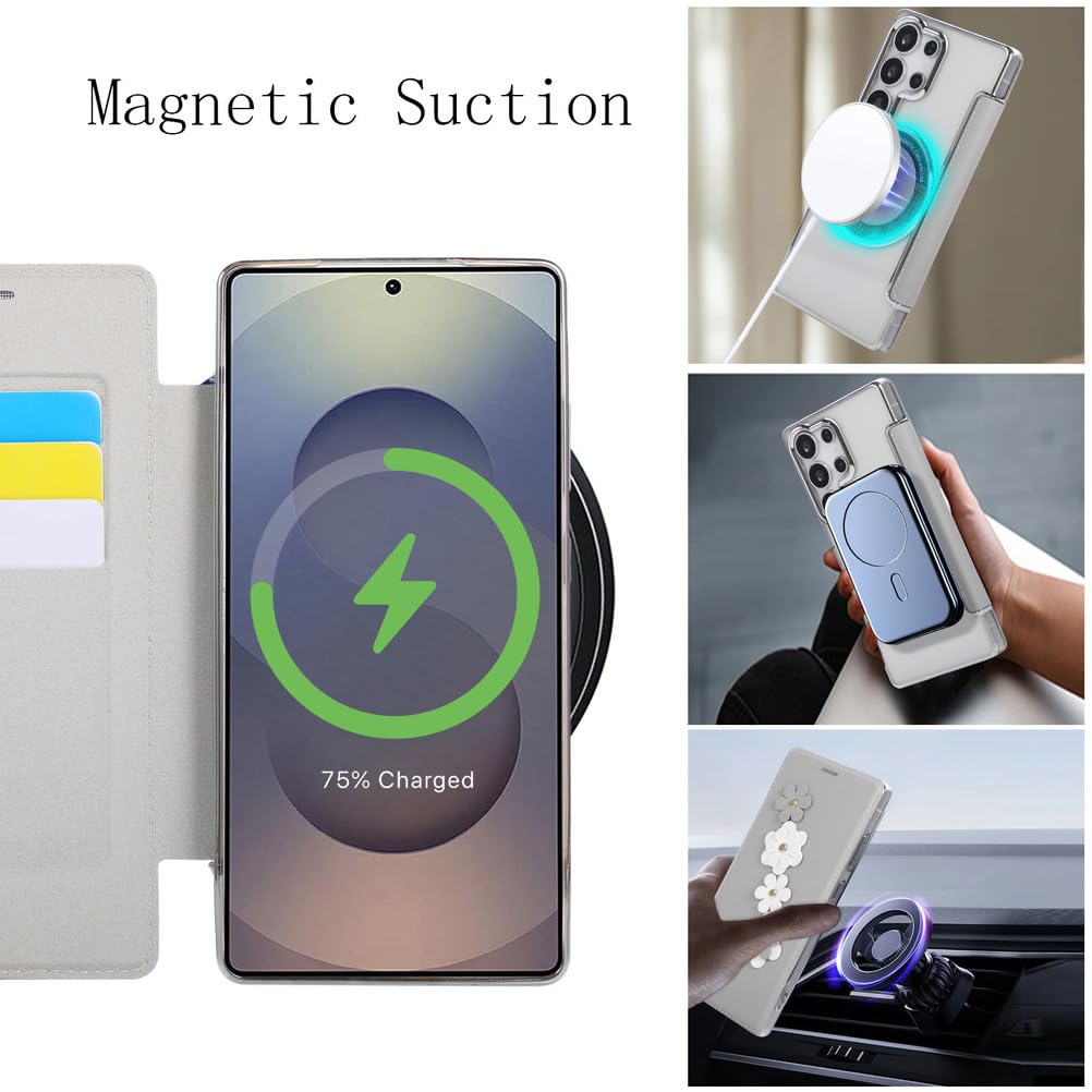 Etui z portfelem do Samsung Galaxy S25 Ultra/S25 Plus/S25, kwiatowy wypukły skórzany pokrowiec z klapką galwanizowane bezprzewodowe ładowanie przezroczysta obudowa, srebrny, S25 Plus