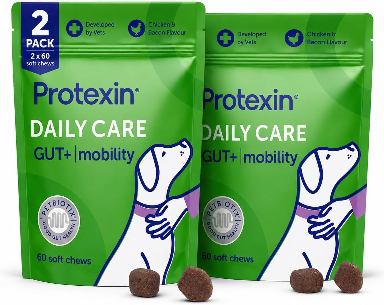 Protexin Daily Care Gut+ Mobility for Dogs – Joint, Bone & Gut Health Supplement with Glucosamine, MSM, Green Lipped Mussel & Omega 3, 60 Soft Chews – 2 Pack