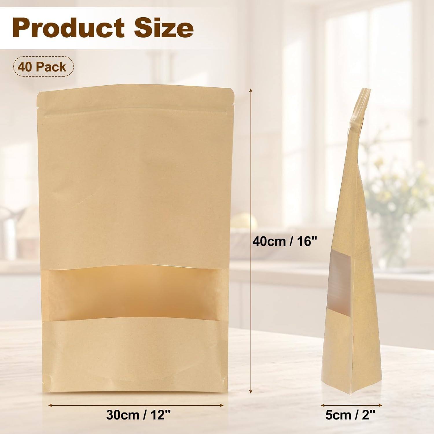 PATIKIL Stand Up Pouch Bags, 40 Pack 16 x 12 Inch Resealable Kraft Paper Bags Pouches with Clear Window and Zip for Food Storage Packaging Small Business Home, Brown